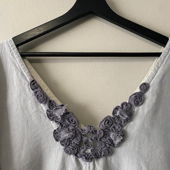 Handmade Plus Size 100% Linen Blue Grey Patch Pocket Floral Appliqué Dress - Picture 3 of 16